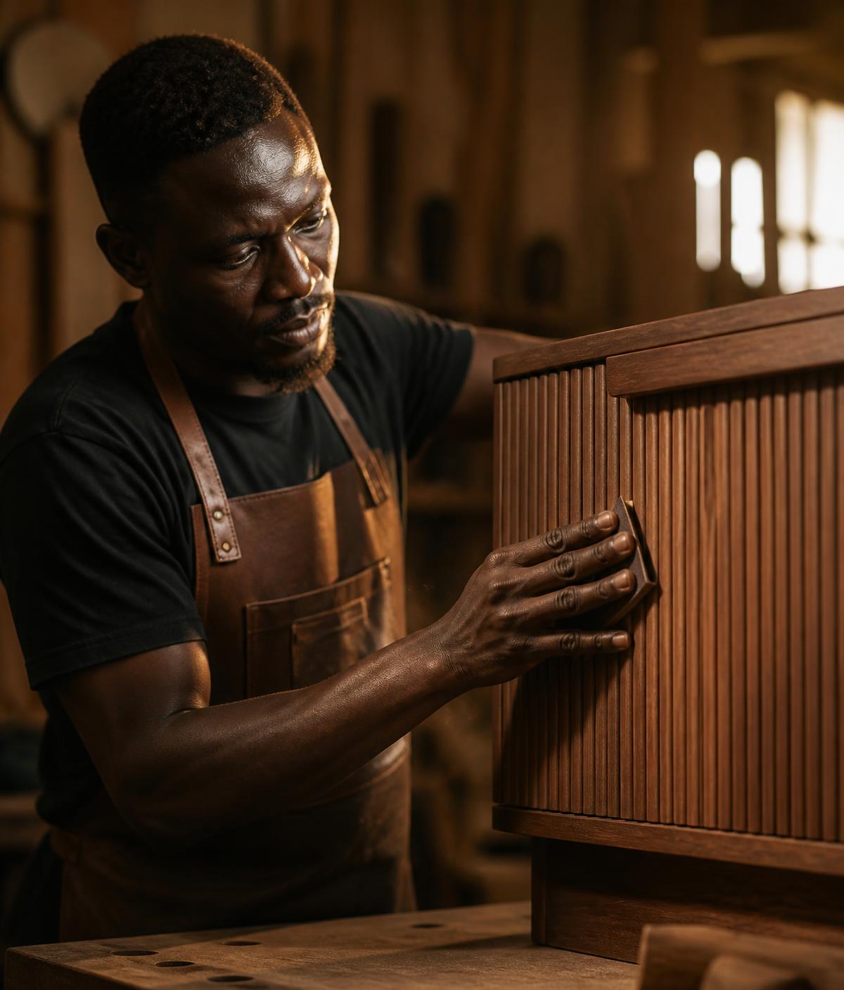 Hofaccs craftsman shaping fluted walnut in the workshop